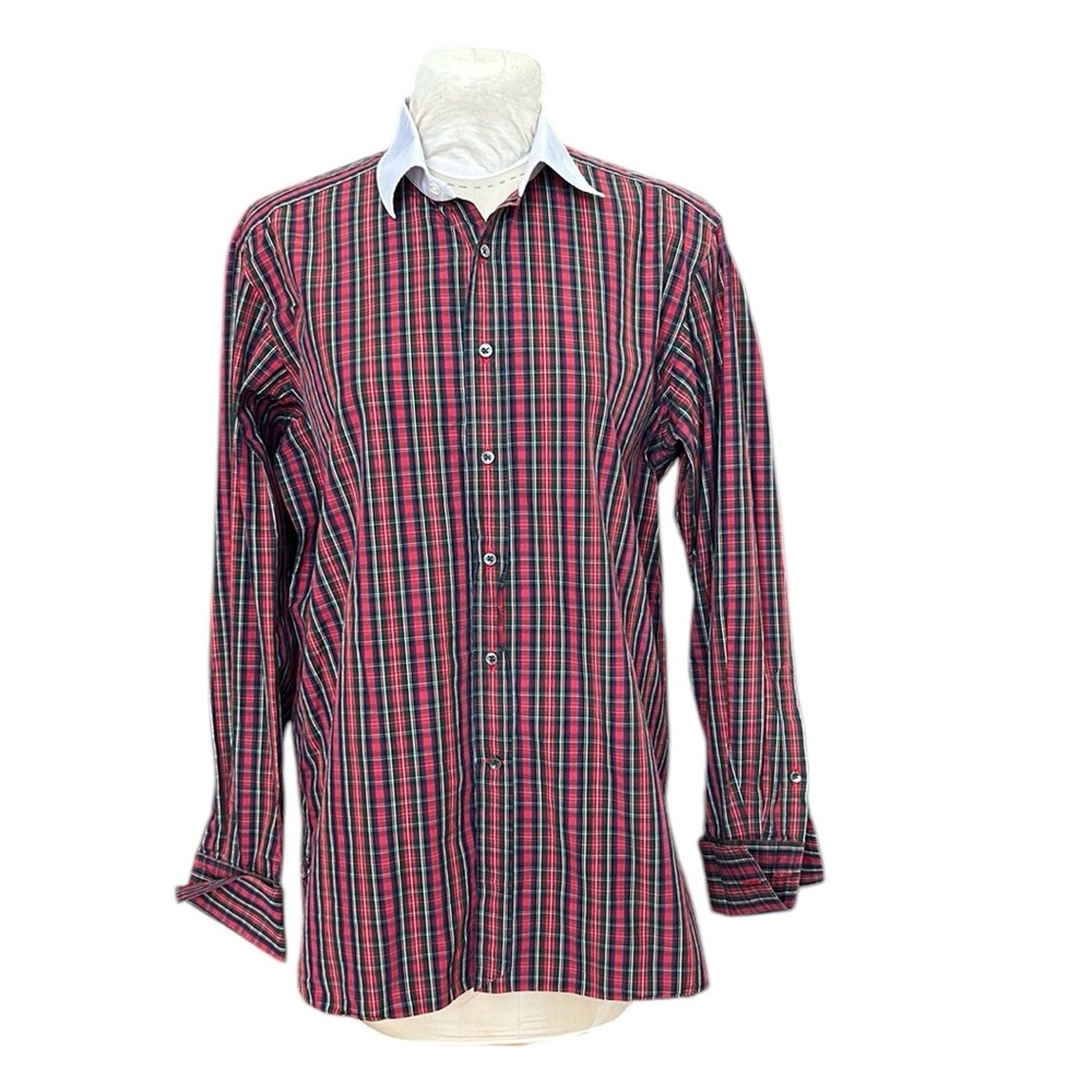 Ralph Lauren‎ Purple Label Button Up Shirt French Cuff Italy Plaid Red/Green XL